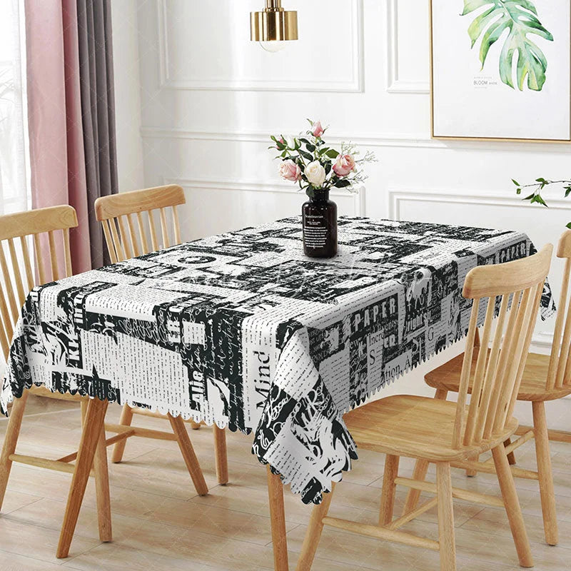 Lofaris Bold Headline Newspaper Rectangle Tablecloth Black and White Press Print Retro Media Kitchen Dining Decor