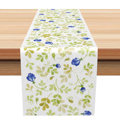Lofaris Botanical Greenery Table Runner with Blue Floral and Plant Print for Wedding Farmhouse Kitchen Decor