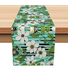 Lofaris Botanical Stripe Table Runner with Green Leaves and Floral Print for Spring Summer Kitchen Decor