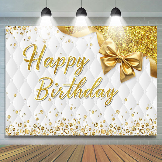 Lofaris Bow Glitter Gold White Vibe Happy Birthday Backdrop
