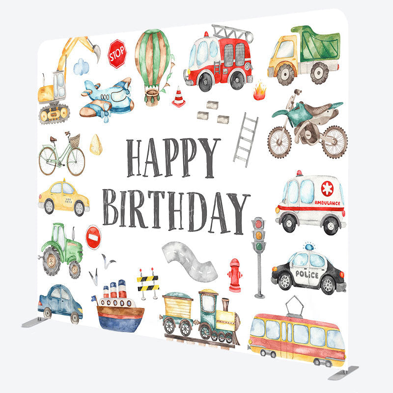 Lofaris Boy Truck Theme Happy Birthday Square Tension Backdrop