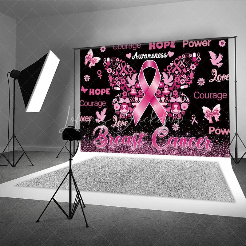 Lofaris Breast Cancer Awareness Backdrop with Pink Ribbon Butterfly Hope Faith Courage Support for Fundraiser Event