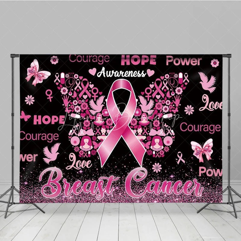 Lofaris Breast Cancer Awareness Backdrop with Pink Ribbon Butterfly Hope Faith Courage Support for Fundraiser Event