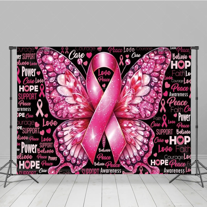 Lofaris Breast Cancer Awareness Pink Ribbon Backdrop Butterfly with Hope and Faith Support Survivor Event Decor