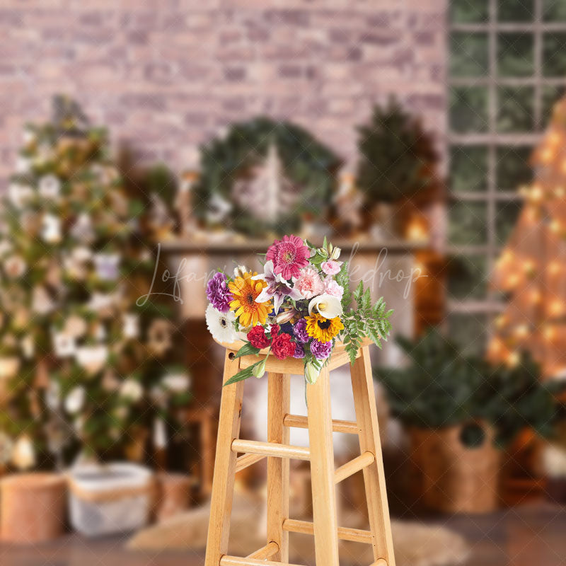 Lofaris Brick Wall Christmas Tree Star Lights Photo Backdrop