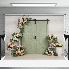 Lofaris Brick Wall Green Barn Door Floral Wedding Backdrop