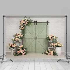 Lofaris Brick Wall Green Barn Door Floral Wedding Backdrop