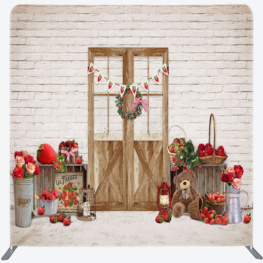 Lofaris Bricks Wall Bear Strawberry Rose Pillow Case Backdrop