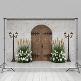 Lofaris Bricks Wall Floral Plant Wooden Door Photo Backdrop