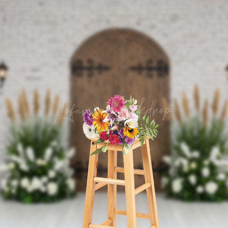 Lofaris Bricks Wall Floral Plant Wooden Door Photo Backdrop
