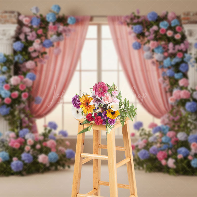 Lofaris Bricks Wall Window Colorful Floral Wedding Backdrop