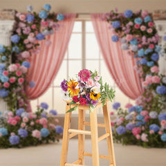Lofaris Bricks Wall Window Colorful Floral Wedding Backdrop