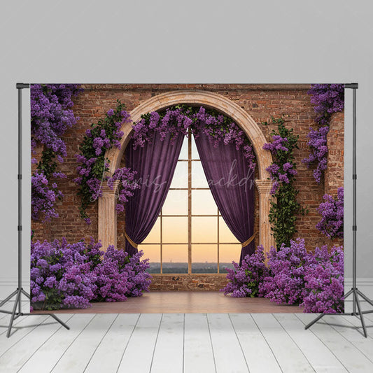Lofaris Bricks Wall Window Purple Floral Wedding Backdrop
