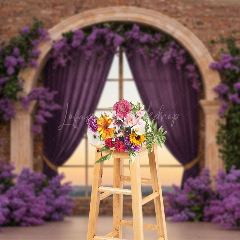 Lofaris Bricks Wall Window Purple Floral Wedding Backdrop