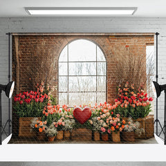 Lofaris Bricks Window Floral Red Love Valentines Day Backdrop
