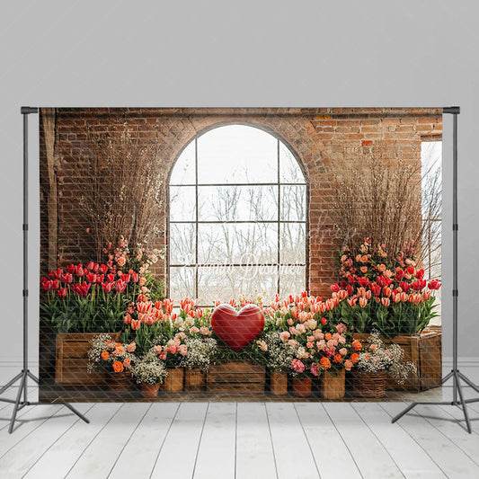 Lofaris Bricks Window Floral Red Love Valentines Day Backdrop