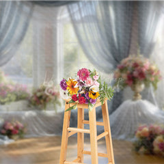 Lofaris Bright and Airy Ballroom Photography Backdrop Sheer Drapes with Pink Floral Romantic Wedding Background