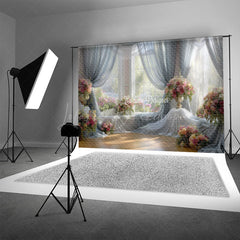 Lofaris Bright and Airy Ballroom Photography Backdrop Sheer Drapes with Pink Floral Romantic Wedding Background