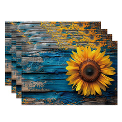 Lofaris Bright Blue Wood Grain Sunflower Set Of 4 Placemats