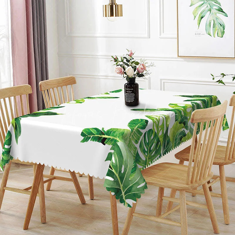 Lofaris Bright Green Tropical Leaf Border Rectangle Tablecloth Banana and Monstera Table Cover Summer Decor