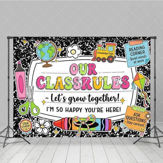 Lofaris Bright Learning Elements and Our Classrules Holiday Backdrop Back to School Classroom Welcome Party Decor