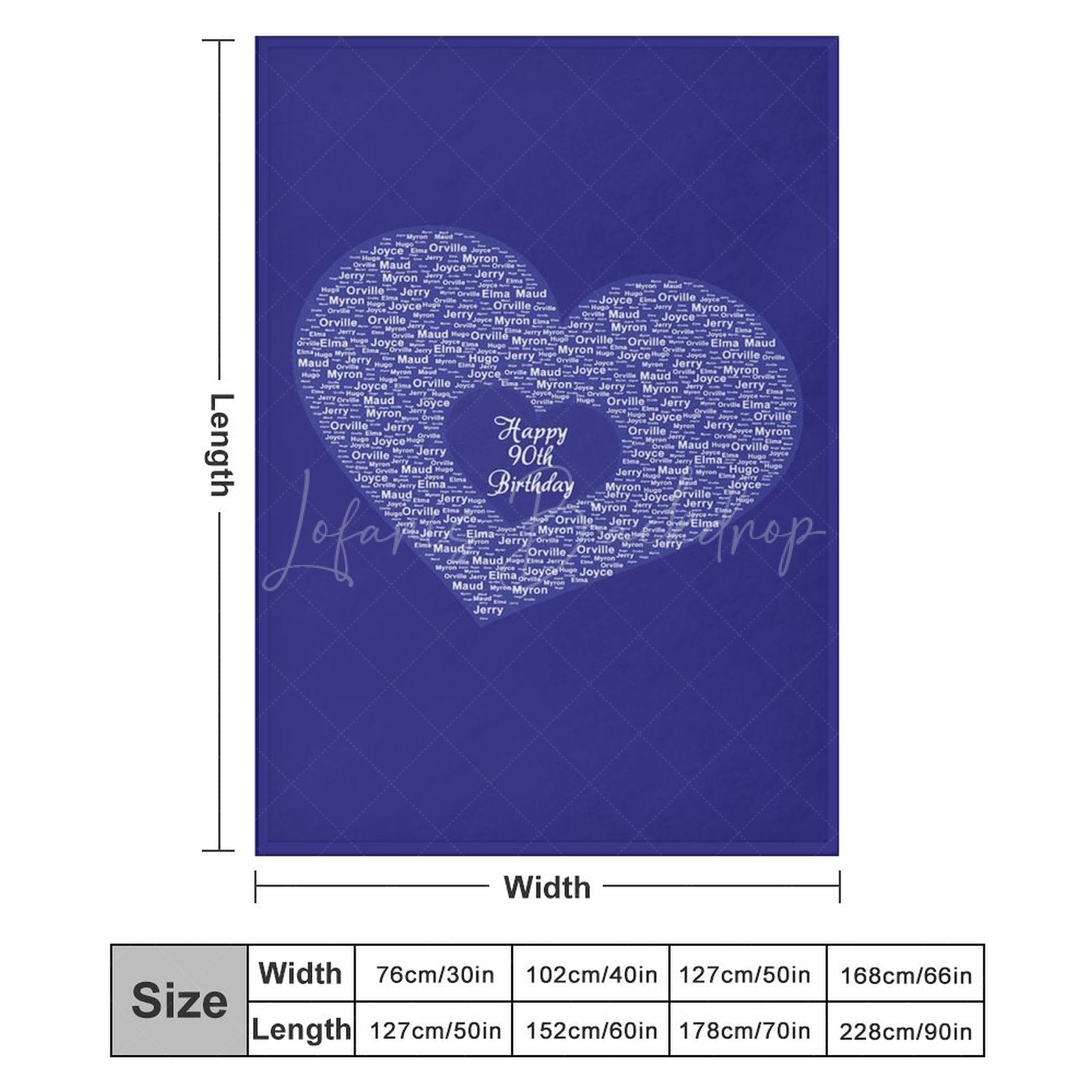 Lofaris Bright Royal Blue Custom Family Name Heart Blanket