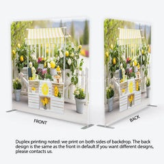 Lofaris Bright Yellow and White Striped Lemonade Stand Square Double-Sided Backdrop Fresh Summer Market Decor
