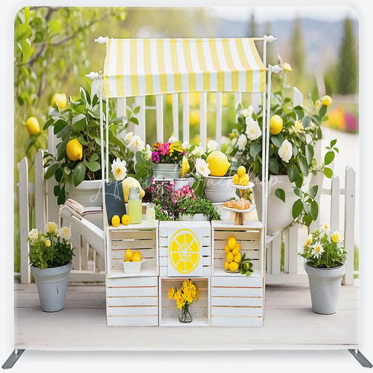 Lofaris Bright Yellow and White Striped Lemonade Stand Square Double-Sided Backdrop Fresh Summer Market Decor