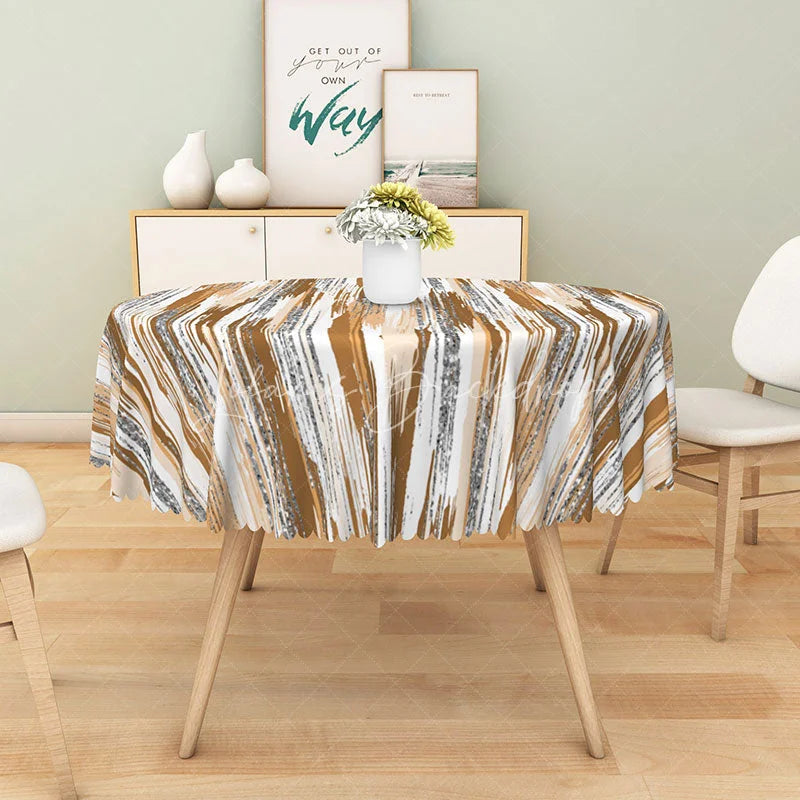 Lofaris Brown Abstract Brushstroke Stripe Round Tablecloth for Modern Earth Tone and Rustic Dining Table Decor