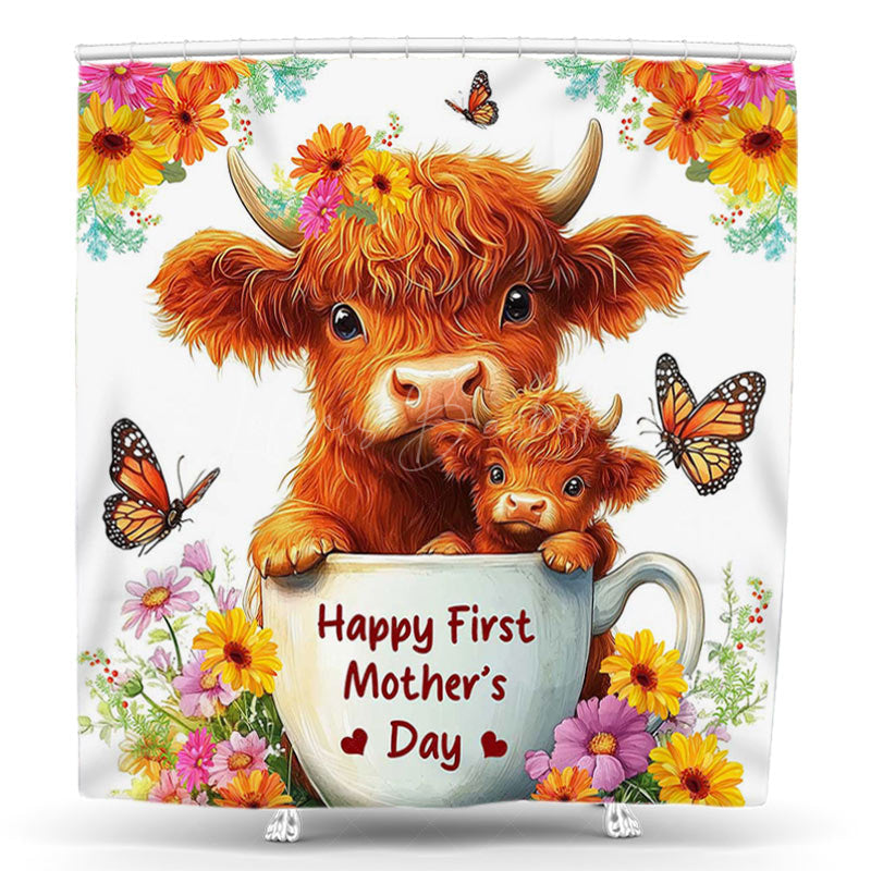 Lofaris Brown Cow Floral Butterfly Mothers Day Shower Curtain