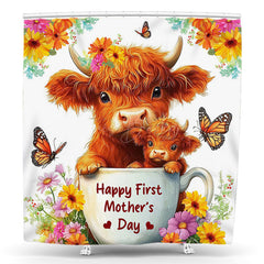 Lofaris Brown Cow Floral Butterfly Mothers Day Shower Curtain