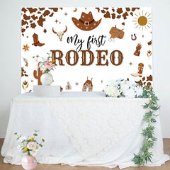 Lofaris Brown Cow Pattern My First Rodeo Birthday Backdrop