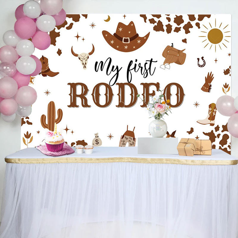 Lofaris Brown Cow Pattern My First Rodeo Birthday Backdrop