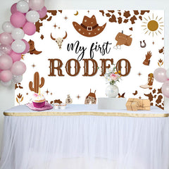 Lofaris Brown Cow Pattern My First Rodeo Birthday Backdrop