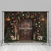 Lofaris Brown Door Christmas Pine Leaf Decor Photo Backdrop
