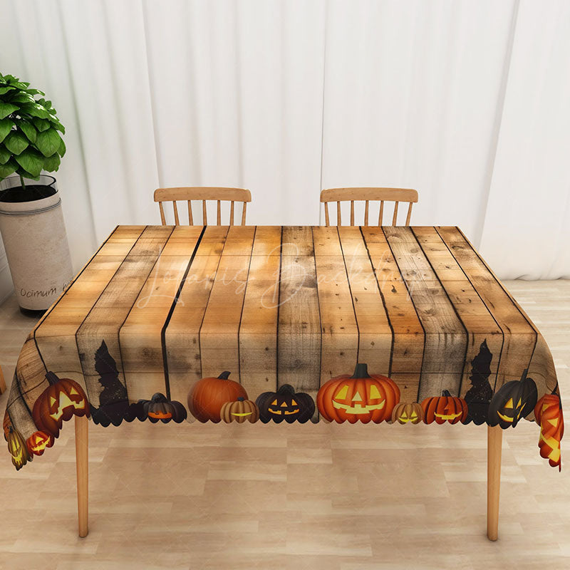 Lofaris Brown Halloween Rectangle Tablecloth with Jack O’ Lantern Pattern for Rustic and Spooky Farmhouse Decor