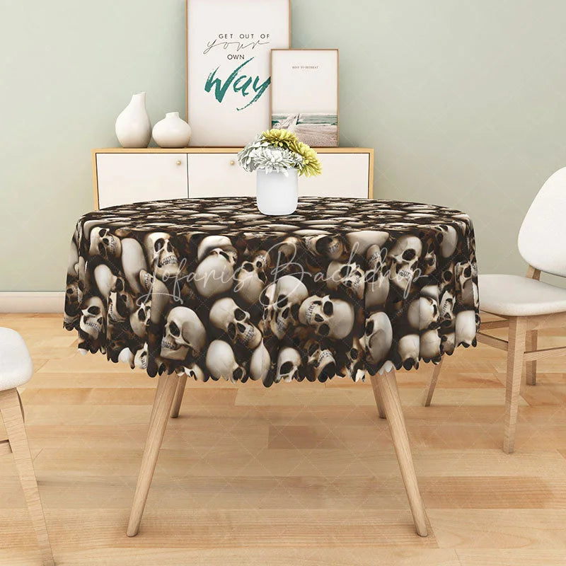 Lofaris Brown Heap of Skulls Halloween Round Tablecloth for Gothic Pirate and Spooky Themed Party Decor