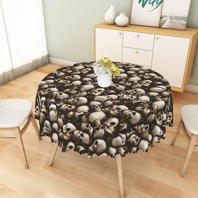 Lofaris Brown Heap of Skulls Halloween Round Tablecloth for Gothic Pirate and Spooky Themed Party Decor