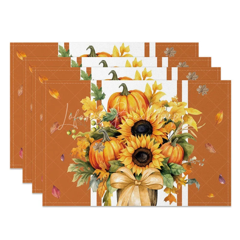 Lofaris Brown Pumpkin and Sunflower with Bow Set of 4 Placemats for Rustic Autumn Thanksgiving Decor