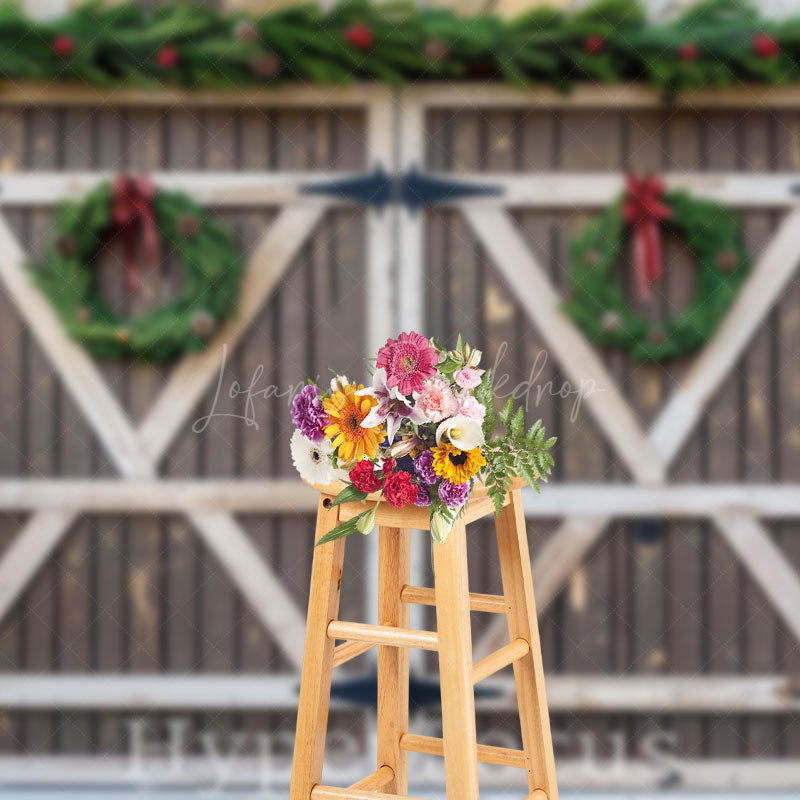 Lofaris Brown White Wooden Door Wreath Christmas Backdrop