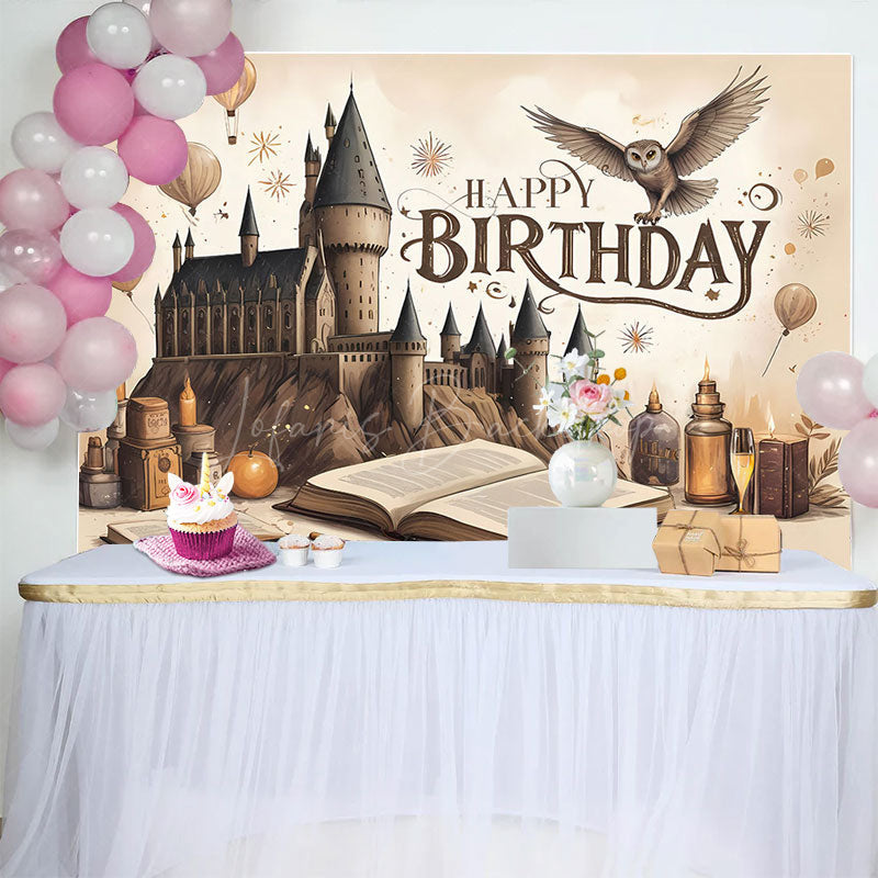 Lofaris Brown Wizard Castle Magic Book Happy Birthday Backdrop