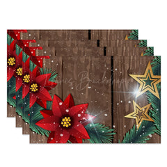 Lofaris Brown Wood Star Poinsettia Xmas Set Of 4 Placemats