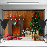 Lofaris Brown Wood Wall Fireplace Indoor Christmas Backdrop