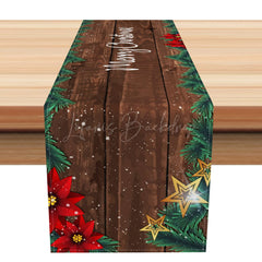 Lofaris Brown Wooden Leaves Poinsettia Xmas Table Runner