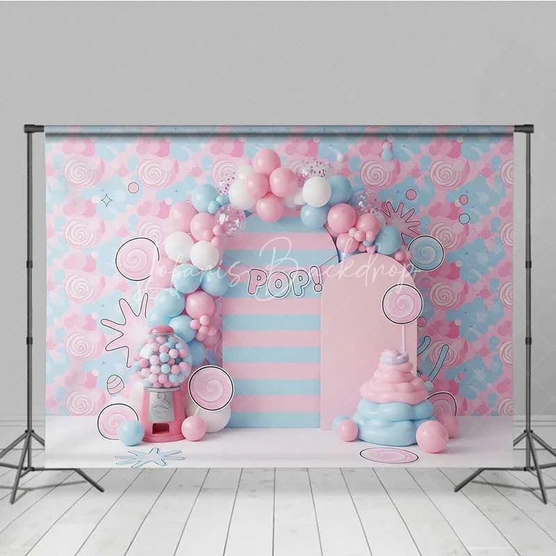 Lofaris Bubblegum and Candy Photography Backdrop Pink Blue Lollipops Party Banner