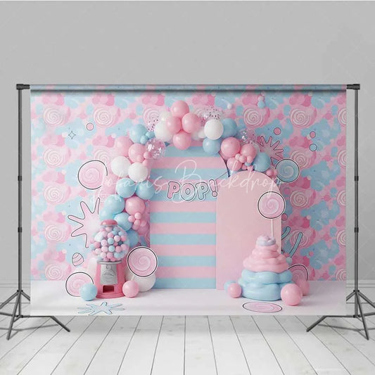 Lofaris Bubblegum and Candy Photography Backdrop Pink Blue Lollipops Party Banner
