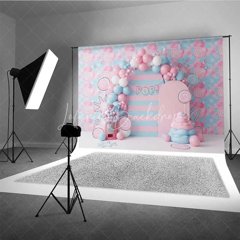 Lofaris Bubblegum and Candy Photography Backdrop Pink Blue Lollipops Party Banner