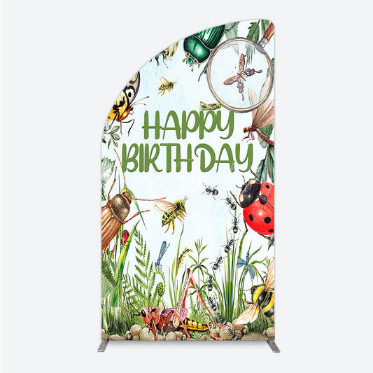 Lofaris Bug Themed Happy Birthday Half Moon Arch Backdrop Insect Explorer with Magnifying Glass Kids Garden Party Decor
