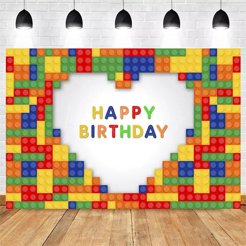 Lofaris Building Blocks Happy Birthday Backdrop Colorful Bricks Print for Kids Party Construction Toy Photo Booth Decor