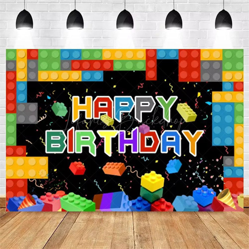 Lofaris Building Blocks Happy Birthday Backdrop Colorful Bricks Print for Kids Party Construction Toy Photo Booth Decor